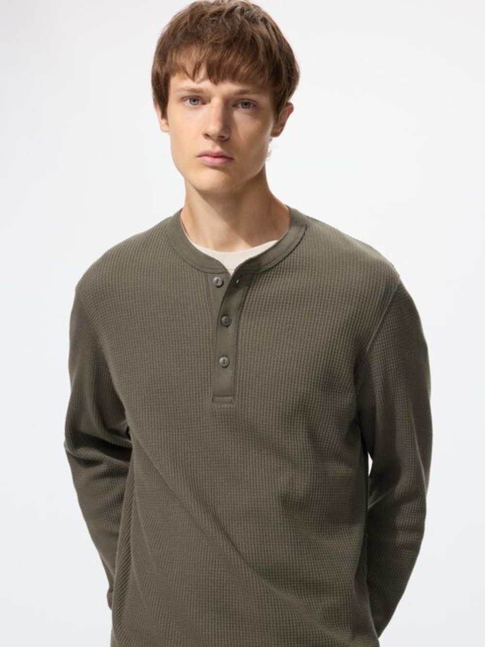 Uniqlo Brown Waffle Knit Henley Shirt Long Sleeve Mens S